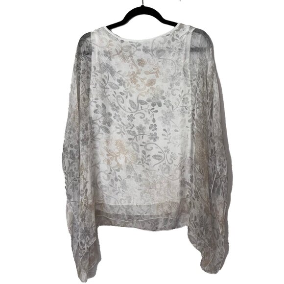 Le Marais Paris 100% Silk Pastel Floral Sequin Poncho Blouse - Size L - NWT - Picture 3 of 4